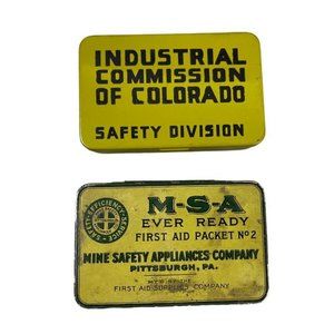 2 Vintage MSA Mine Safety First Aid Tins Ever Ready Industrial Colorado complete